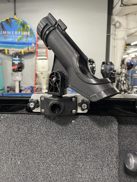 Rod Holder Mount Bracket For Boats With SureMount Track Systems Blackout Finish, Fits Straight Or Angled Gunwale Tracks, Compact 2 Inch Wide By 6 And A Half Inch Long, Easy Access Knobs With Knurled Bolt Head Position Control mounted on boat track