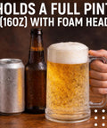 Chill Out With These Super Solid Double Wall Freezer Beer Mugs Holding Sixteen Ounces Using Encased Gel Cores To Keep Every Sip Frosted Without Adding Ice To The Mix, showing a frosty beer mug, beer bottle, and can.