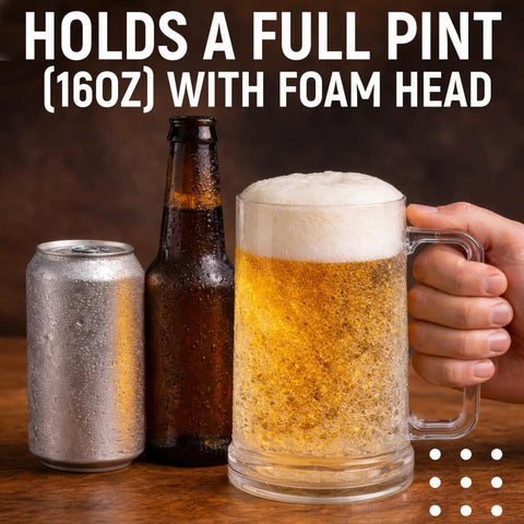 Chill Out With These Super Solid Double Wall Freezer Beer Mugs Holding Sixteen Ounces Using Encased Gel Cores To Keep Every Sip Frosted Without Adding Ice To The Mix, showing a frosty beer mug, beer bottle, and can.