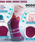 Womens Merino Wool Hiking Socks For Cold Weather Thermal Warm Crew Socks With Cushioned Comfort Cozy Fit 5 Pair Gift Set In Dark Gray Black Rose Red Sizes Medium And Large on display with features like arch support and high elastic cuff.