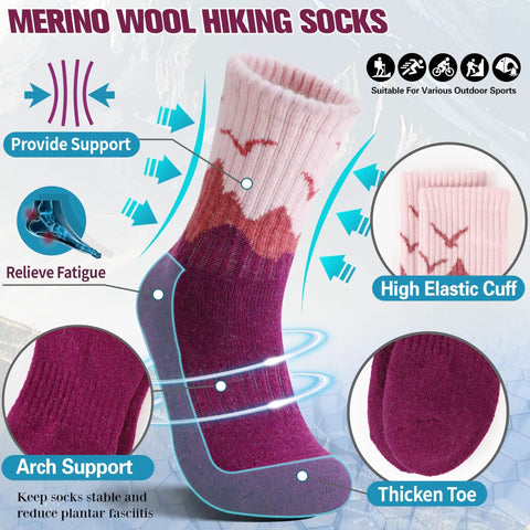 Womens Merino Wool Hiking Socks For Cold Weather Thermal Warm Crew Socks With Cushioned Comfort Cozy Fit 5 Pair Gift Set In Dark Gray Black Rose Red Sizes Medium And Large on display with features like arch support and high elastic cuff.
