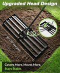 Lawn Leveling Rake 30 Inch Wide Plate For Quick Yard Smoothing shown on soil, highlighting upgraded head design, stability emphasized.