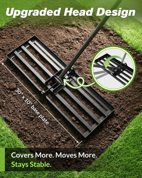 Lawn Leveling Rake 30 Inch Wide Plate For Quick Yard Smoothing shown on soil, highlighting upgraded head design, stability emphasized.