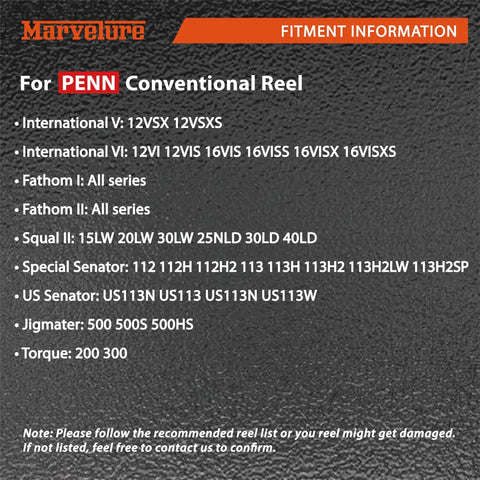Fitment guide for Penn conventional reel compatibility with various models and series.