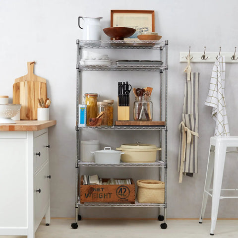 Heavy Duty Five Shelf Chrome Wire Storage Cart With Dual Swivel Casters For Garage Or Office Zero Drama Setup Fully Adjustable Heights Organizes Your Whole Gear Collection Like A Boss
