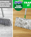 Comparison of broom and Swiffer Hair Magnet on wood floor. Hair Magnet Deluxe Starter Kit With Collapsible Pole And 9 Dry Cloths Plus 2 Bonus Mop And Go Wet Cloths For Quick Cleanups Hair And Dust Pickup And Pet Fur Removal.