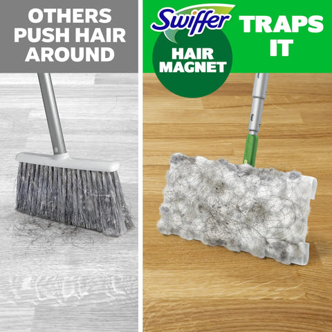 Comparison of broom and Swiffer Hair Magnet on wood floor. Hair Magnet Deluxe Starter Kit With Collapsible Pole And 9 Dry Cloths Plus 2 Bonus Mop And Go Wet Cloths For Quick Cleanups Hair And Dust Pickup And Pet Fur Removal.
