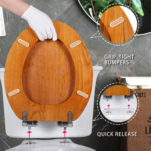 Wood Veneer Round Toilet Seat With Quiet Close Easy Clean Surface Quick Release Hinges Natural Finish Durable Comfy Easy