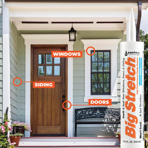 Front porch with Big Stretch Acrylic Latex Caulking Sealant 10.5 oz cartridge clear for windows, siding, and doors.