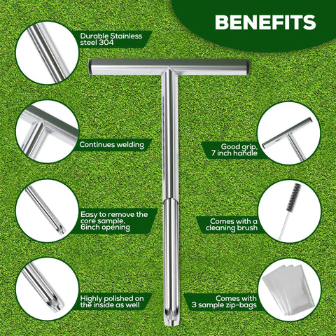Stainless Steel Soil Probe Sampler Kit, Heavy Duty 12 Inch Handheld Soil Sampling Tool, features and benefits diagram