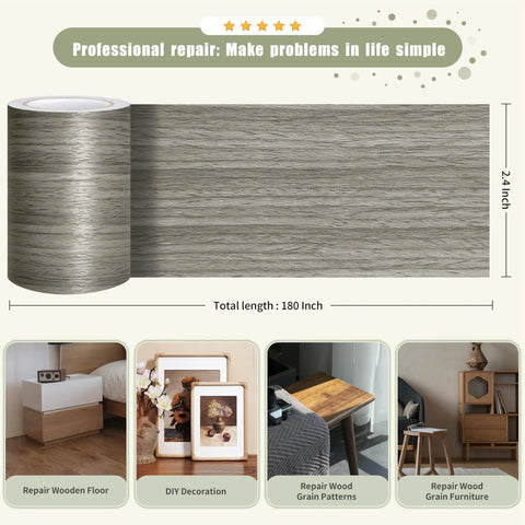Premium Gray Wood Grain Peel And Stick Film 2.4 Inch By 15 Feet Self Adhesive Repair Wrap roll displayed over a flat surface.