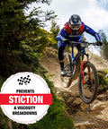 Mountain biker on trail using 10Wt Suspension Shock Oil For All Bicycle Forks And Seals, Premium Semi-Synthetic Non-Foaming Fluid