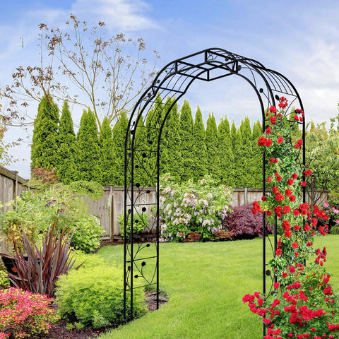 Tall Black Garden Arch Trellis 8.2 Ft High 6.2 Ft Wide Outdoor Arbor For Climbing Plants Roses And Vines Built To Last Perfect Lawn Wedding Archway Durable Weatherproof Construction in a garden with climbing roses