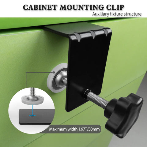 Two Pack Heavy Duty Large Drawer Installation Clamps With Three Millimeter Thickened Build For Rock Solid Holes And Zero Guesswork Cabinet Hardware Jig featuring clamp on cabinet edge with rubber pad.