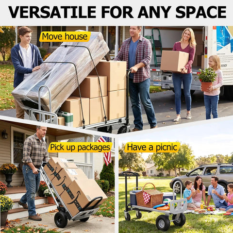 4 In 1 Convertible Hand Truck With 1000 Lb Capacity, Foldable Dolly Cart That Converts To Flatbed, 2 Wheel Hand Truck, And 4 Wheel Dolly, Built With A3 Steel Tube And Aluminum Alloy, Rugged Workhorse For Warehouses, Supermarkets, And Offices, Black. Visible moving and picnic uses