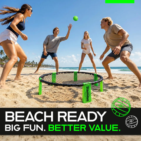 People playing Roundnet Slammo Game Set For Backyard And Beach Fun on sand.