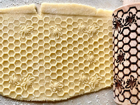 Mini Embossed Rolling Pin Set Of 3 With Bees, Meadow And Forest Patterns For Cookies, Play Dough And Clay, detail of bee pattern