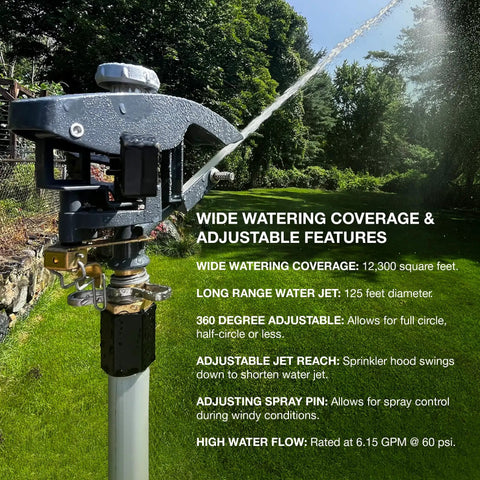 Beefy Tripod Sprinkler With 125 Ft Coverage 360 Degree Range Adjustable Height 48 To 72 Inches shown watering lawn