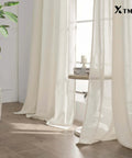 108 Inch Linen Look Curtains Set Of 2 Panels For Ceiling Track System With Hooks Sheer Light Filtering For Living Room And Bedroom Cream Color Extra Long Nine Foot Length Blended Cotton Linen Polyester Drapes Soft And Breathable showing installed curtains in a bright room.