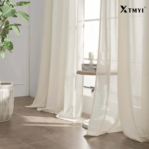 108 Inch Linen Look Curtains Set Of 2 Panels For Ceiling Track System With Hooks Sheer Light Filtering For Living Room And Bedroom Cream Color Extra Long Nine Foot Length Blended Cotton Linen Polyester Drapes Soft And Breathable showing installed curtains in a bright room.