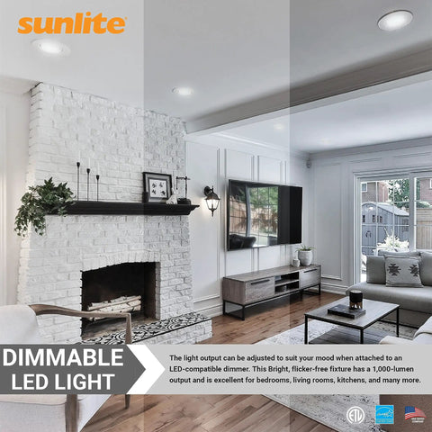 Living room with Gimbal LED Recessed Downlight Fixture 5 To 6 Inch, 11W, 1100 Lumens, Color Temperature Selectable, white ceiling.