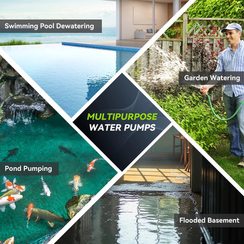 Compact One Quarter Horsepower Portable Water Pump That Delivers Up To 2110 GPH With A 25 Ft Head For Pool Basement Hot Tub And Garden Drainage 120V Electric Sump Pump With Garden Hose Check Valve Adapter used for pool, garden, pond, and basement.