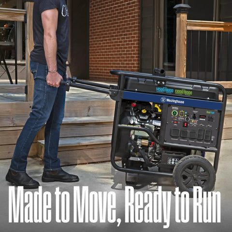 Man moving Dual Fuel Home Backup Generator With Remote Start, Transfer Switch Ready, Gas Or Propane Power, CO Sensor, 18000 Peak Watts