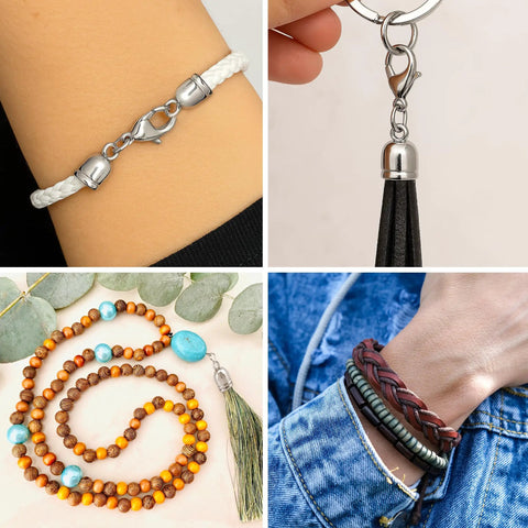 Silver Tone Leather Cord End Caps 4mm To 12mm used in bracelet, tassel keychain, bead necklace, and braided bracelets.