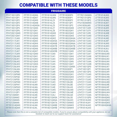 Chart showing Frigidaire freezer models compatible with Replacement Refrigerator Door Handle Set For Frigidaire Freezers