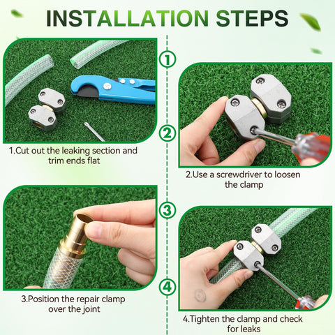 Installation steps for Two Pack Metal Hose Menders for Five Eighth Inch and Three Quarters Inch Hoses, outdoor repair tool