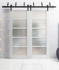 Quadro 4002 Bypass Sliding Door Set With Frosted Glass Panels, White MDF, 72 By 96 Inches, Modern Barn Style installed in living room