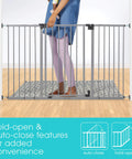 Person using Secure Space Extra Wide Kid Safe Baby And Pet Gate For Doorways And Stairs Fits Openings From Twenty Eight And A Half Inches To Fifty Two Inches Wide Thirty Inches Tall Pressure Or Hardware Mounted Auto Close And Hold Open Grey