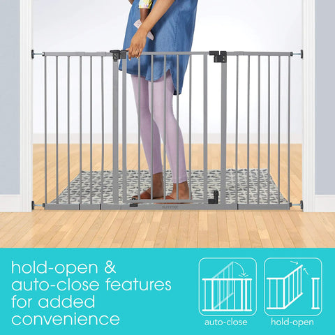 Person using Secure Space Extra Wide Kid Safe Baby And Pet Gate For Doorways And Stairs Fits Openings From Twenty Eight And A Half Inches To Fifty Two Inches Wide Thirty Inches Tall Pressure Or Hardware Mounted Auto Close And Hold Open Grey