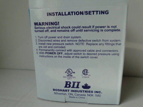 Water Well Submersible Pump Pressure Switch 30-50 PSI And 40-60 PSI installation instructions on box, Boshart Industries logo