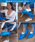 Disposable No Slip Shoe Covers Indoors Blue CPE Waterproof One Size Fits Most 100 Pack 50 Pairs in use on white shoes