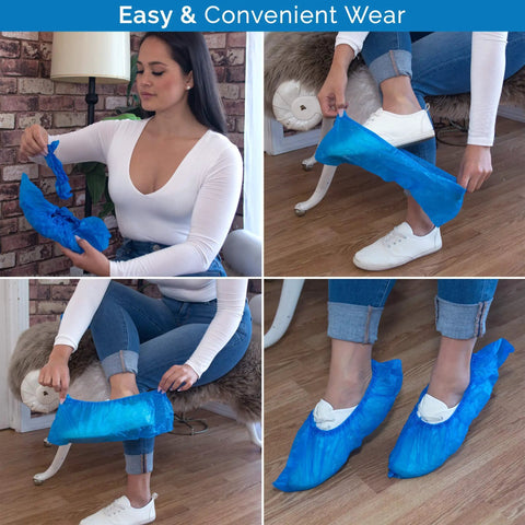Disposable No Slip Shoe Covers Indoors Blue CPE Waterproof One Size Fits Most 100 Pack 50 Pairs in use on white shoes