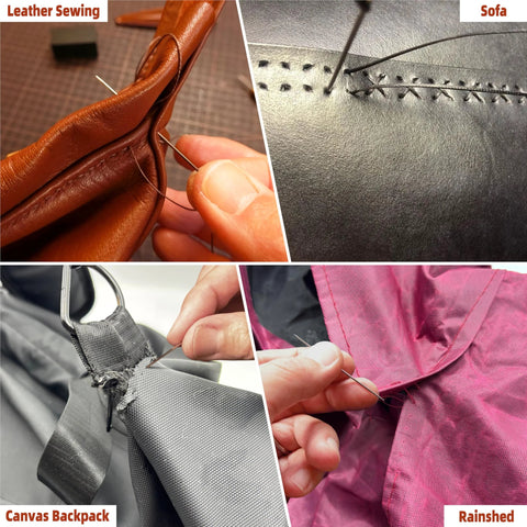Upholstery repair kit: waxed thread and heavy needles for leather, canvas, fabric; 4 rolls in 3 colors, 7 needles.