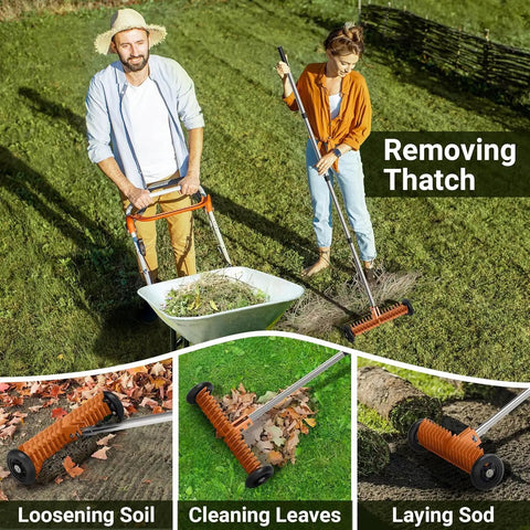 Roller Thatch Rake For Lawn With 15 Inch Dethatcher And Smooth Rolling Wheels No Fuss Easy Glide Adjustable 0 To 15 Degrees