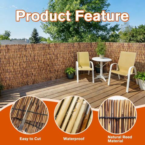 Outdoor patio with Natural Reed Fencing Roll Bamboo Privacy Screen for patio balcony garden and yard decorative reed screen.