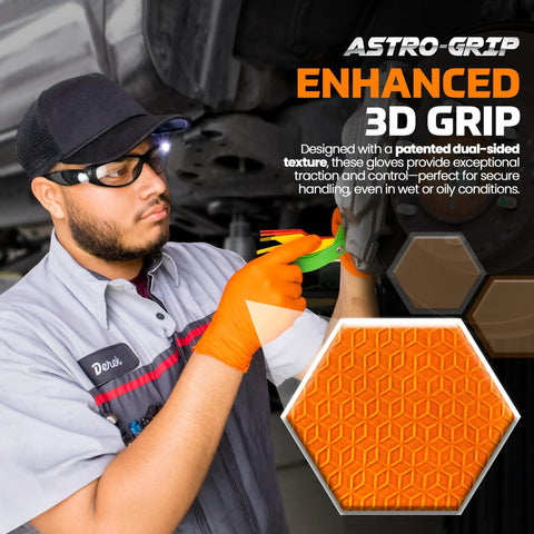 Mechanic wearing Astro Grip Nitrile Disposable Gloves Powder Free Orange 2XL 1000 Count With Superior Grip
