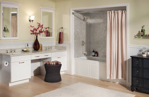 Bathroom with double vanity and bathtub featuring Polished Nickel Faucet Part H295PN Replacement Kit For Fixtures No Fuss Ceramic Disc Cartridge.