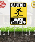 Two Pack Watch Your Step Yard Signs With Metal Stakes 12 By 9 Inches Corrugated Plastic Outdoor Caution Signs Bold Lettering Easy Install No Tools Needed displayed in grass
