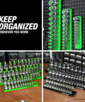 1/4 Inch Drive SAE Socket Organizer With Dual Rails And Labeled Posts For 1/8 To 5/8 Inch Sockets, displayed in workshop.