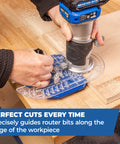 Top Shelf Trim Router Edge Guide With An Ergonomic Grip For Bullseye Precision On Standard Wood Routers A Real Knockout For Dados Grooves Fluting Inlays And Clean Circle Cuts Up To Twelve Inches in use, ensuring accurate cuts on wood.