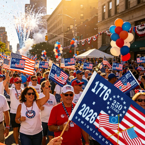 Crowd celebrating with 250th Anniversary 12 Pack 5.5 x 8.2 Inch American Flags On Sticks for 1776 2026 USA Patriotic 4th of July outdoor.