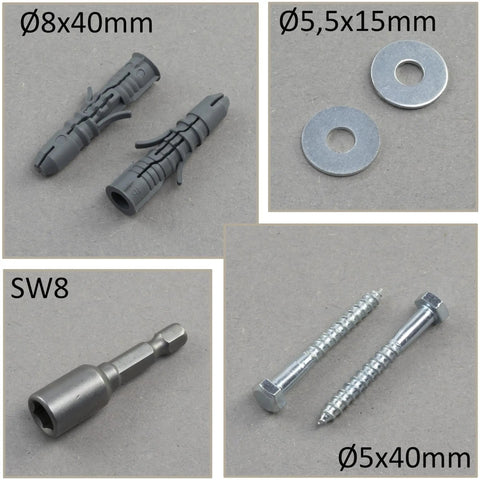 Heavy Duty Nylon Wall Anchor Kit With Collar Dowels 8x40mm, Bottom Screws 5x40mm, M5 Washers, One Quarter Inch Hex Socket