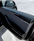 Autoclave Pressed Real Dry Carbon Fiber Door Panel Overlays Fits Tesla Model 3 Highland And Model Y Slick Matte, close-up of installed panel.
