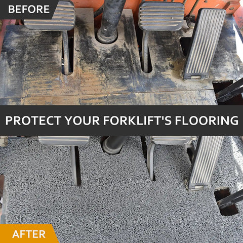 Heavy Duty Non Skid Forklift Floor Mat And Tractor Cab Protector With Tough As Nails Rubber Deck Pad; installed in tractor footwell.