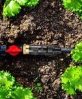 Drip Irrigation Faucet Adapter Kit with 25 PSI Water Pressure Regulator Backflow Preventer and Filter in a garden setup
