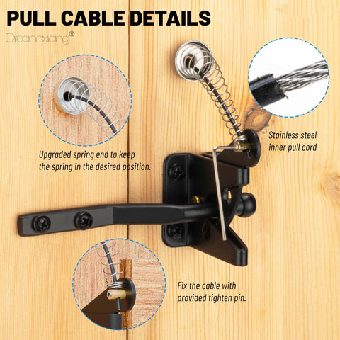 Top Shelf Spring Loaded Gate Latch Cable Pull Kit details showing upgraded spring end and stainless steel inner pull cord.